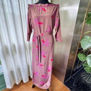 Vintage 80s dress, mauve, hot pink, fuchsia floral, wide shoulders, batwing